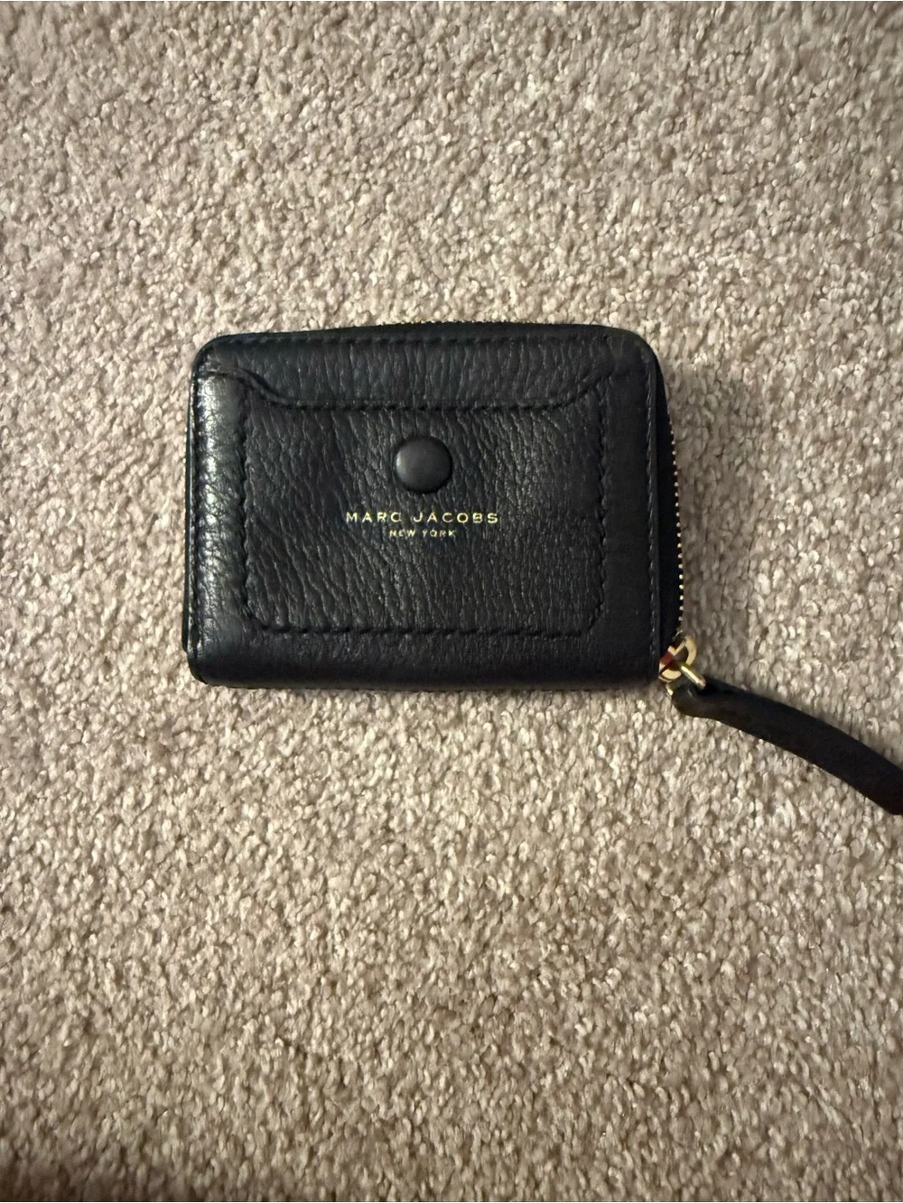 Marc Jacobs Black Leather Zip Card Holder with Gold Logo